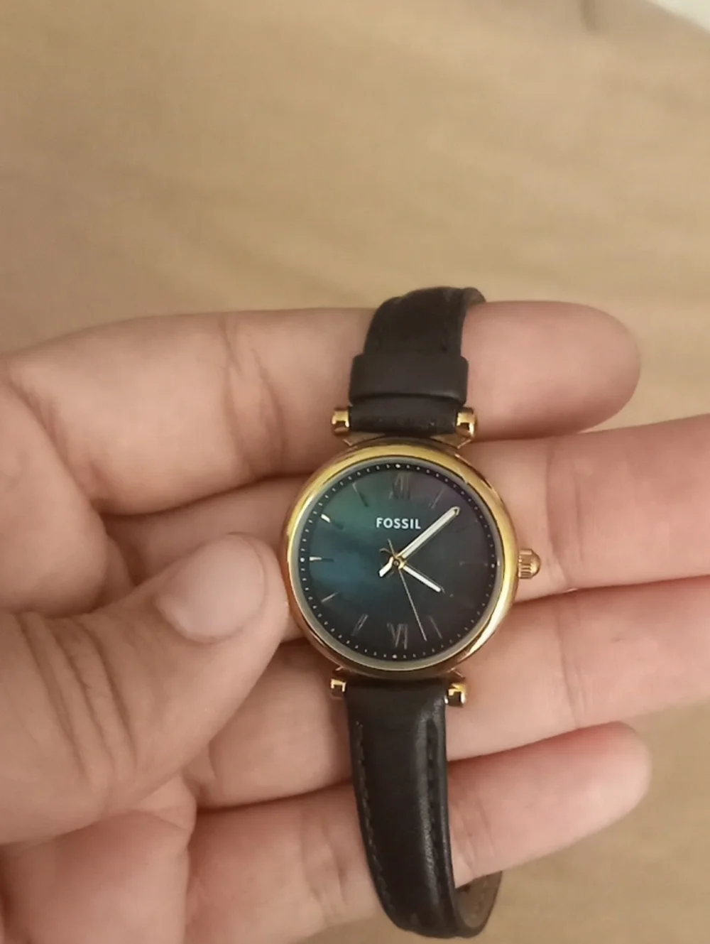 Fossil Rose Gold-Tone Case Black Leather Strap Watch with Dark Teal Dial